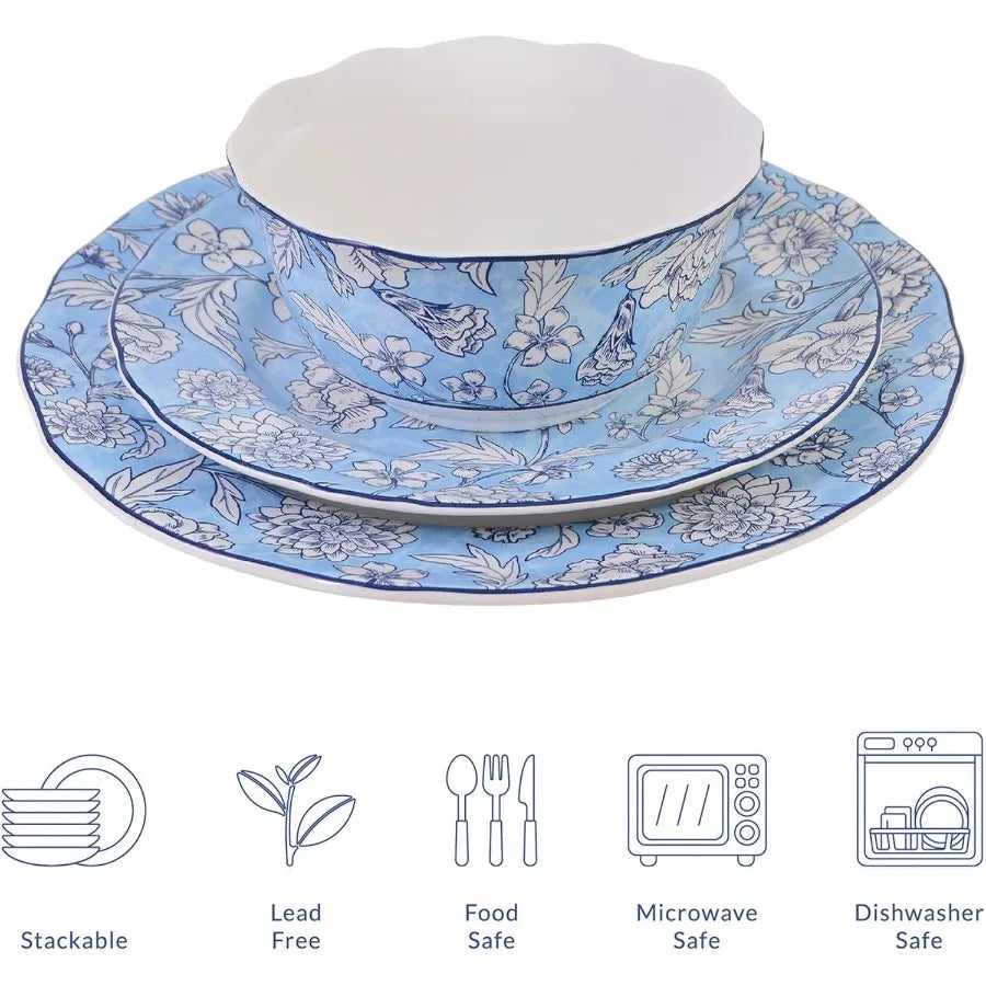 12 Piece Porcelain Dinnerware For 4 White And Blue Plates Bowls Floral Ceramic