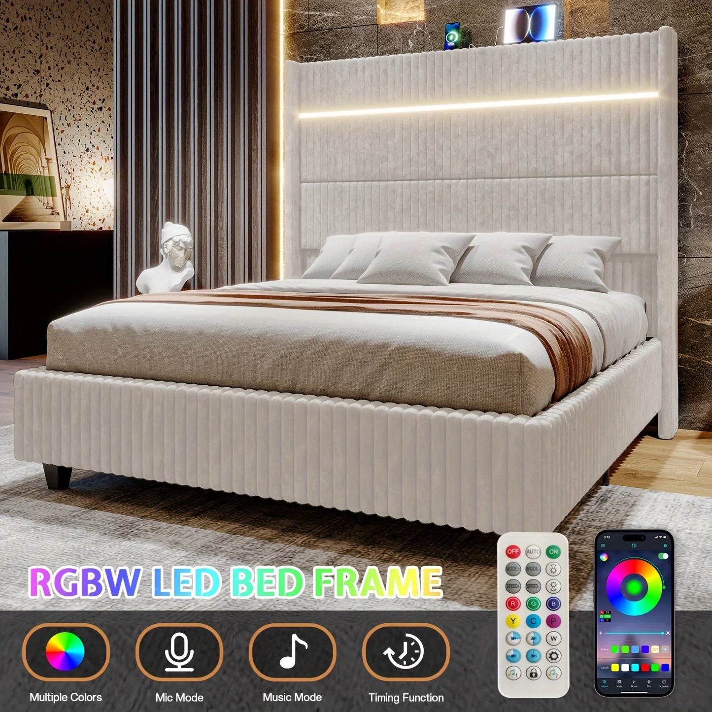 Luxoak Queen King Size LED Platform Bed Frame 60in Wingback Headboard And USB