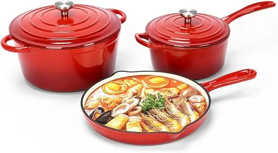 Nonstick Enameled Cast Iron Cookware Set, 5-Pcs Pots and Pans with Lid, Frying Pan Skillet, Sauce Pan, Healthy Round Dutch Oven