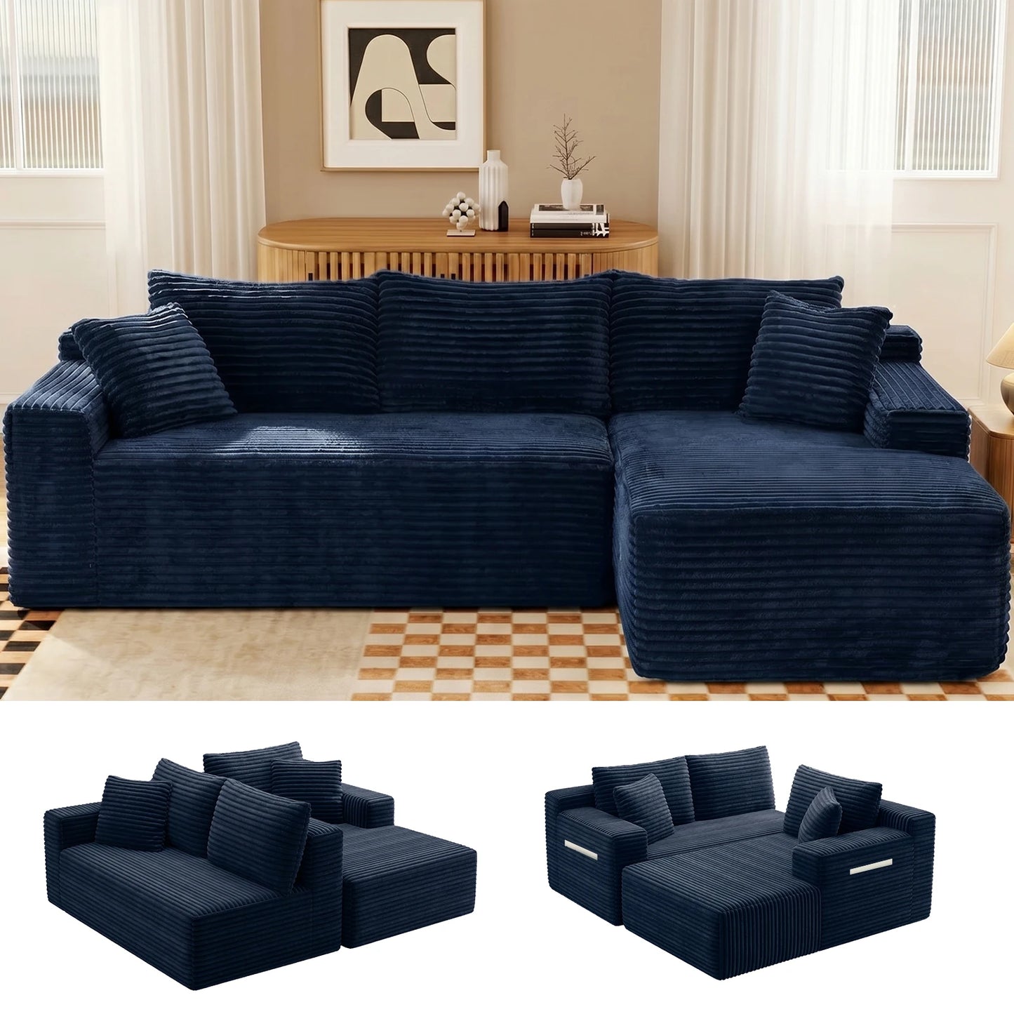 Modern Black Corduroy Modular Sectional Sofa With Deep L Shaped Chaise