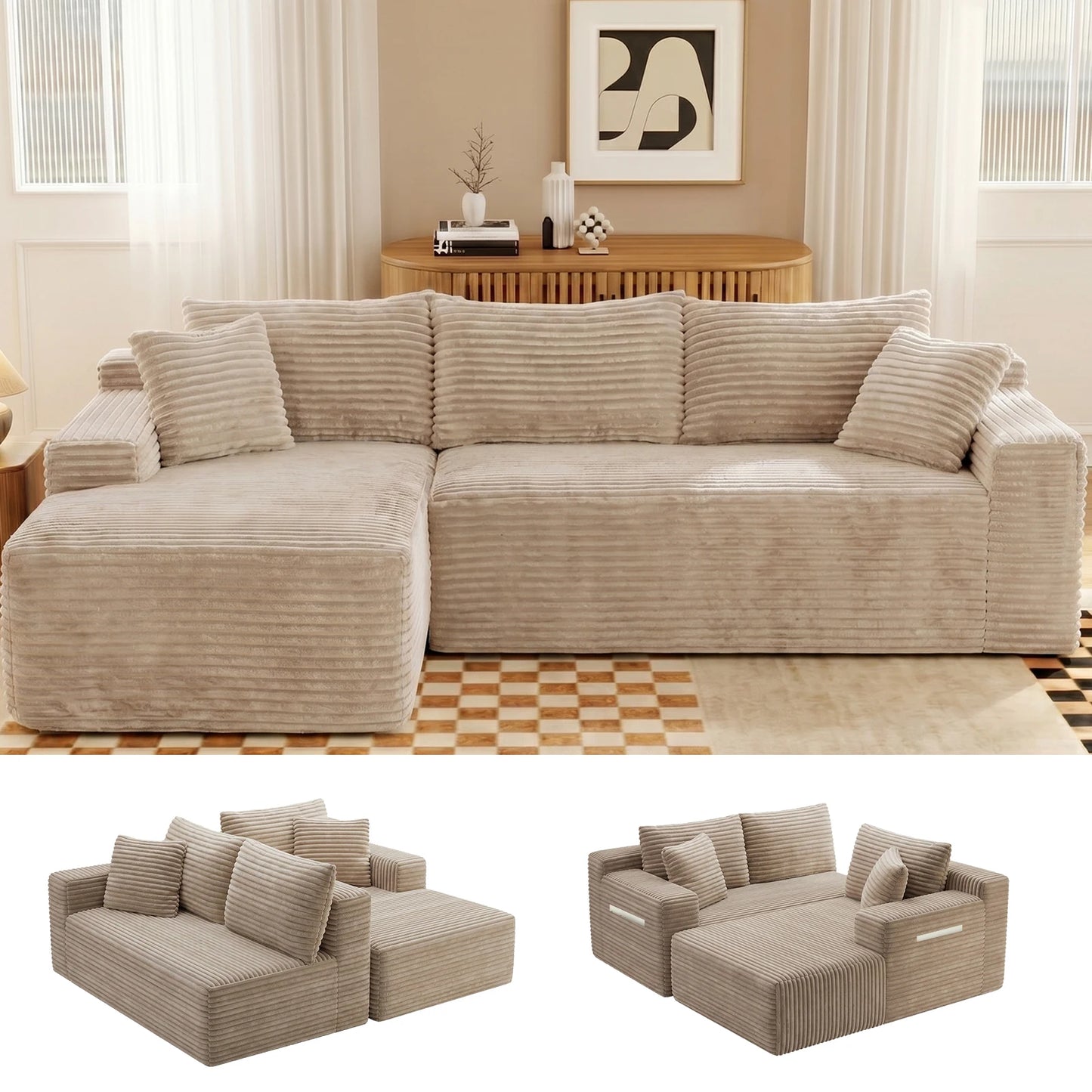 Modern Black Corduroy Modular Sectional Sofa With Deep L Shaped Chaise