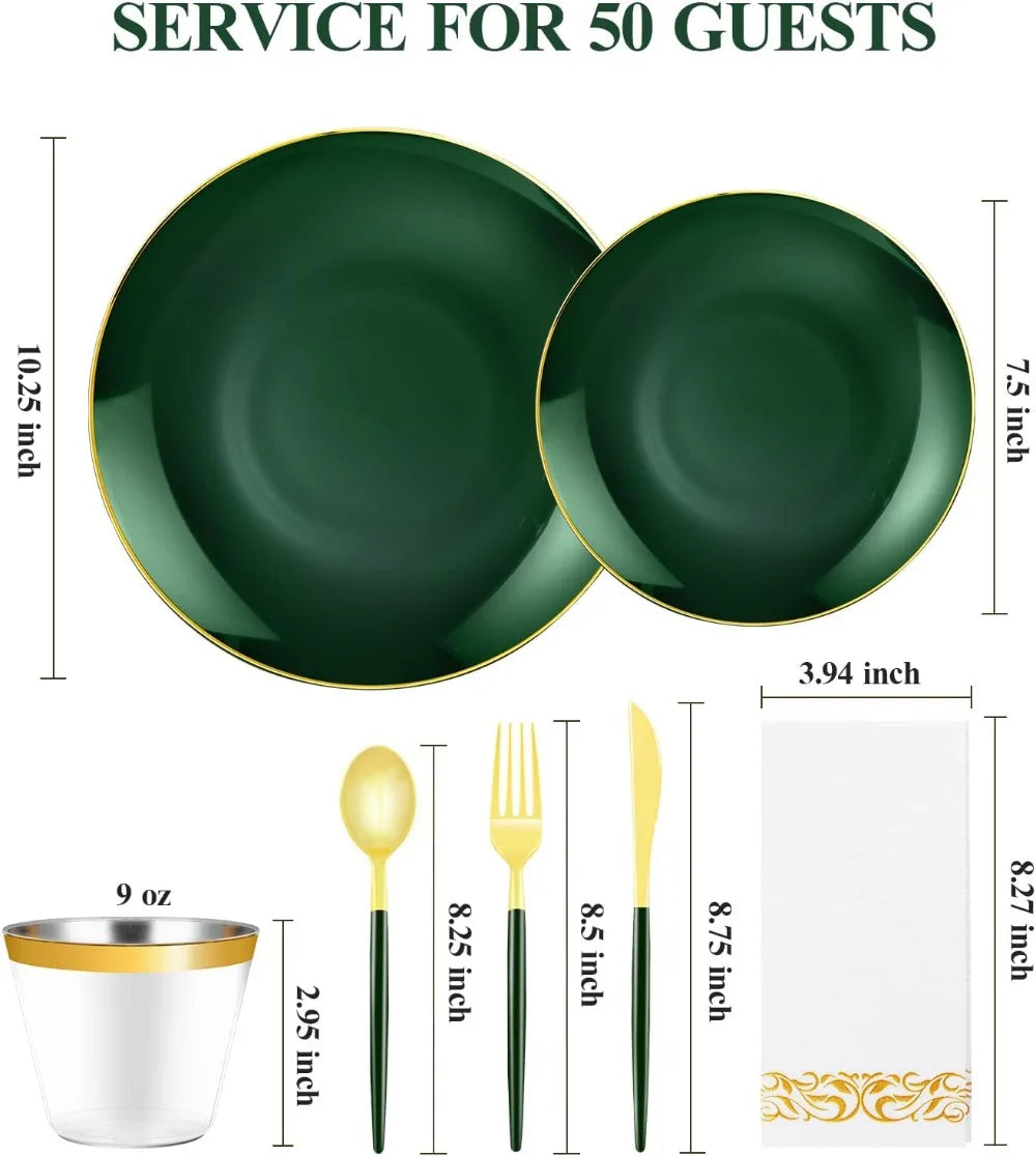 Green Gold Plastic Dinnerware Set 350 Pcs Disposable Plates And Cups For Party