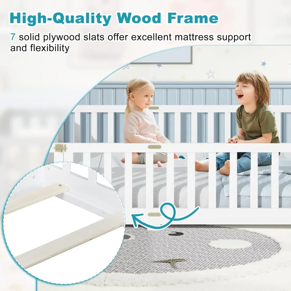 Full Size Floor Bed, Toddler Floor Bed Frame with High Guardrails, Solid Wood Montessori Beds Full with Support Slats, Fence and