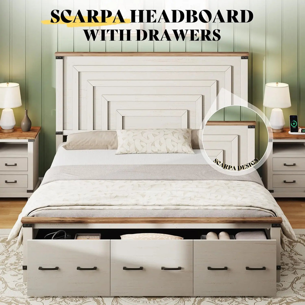 Farmhouse Bedroom Furniture Set, Includes 2 Nightstands with Charging Station and 1 King Wood Platform Bed Frame with, Custom