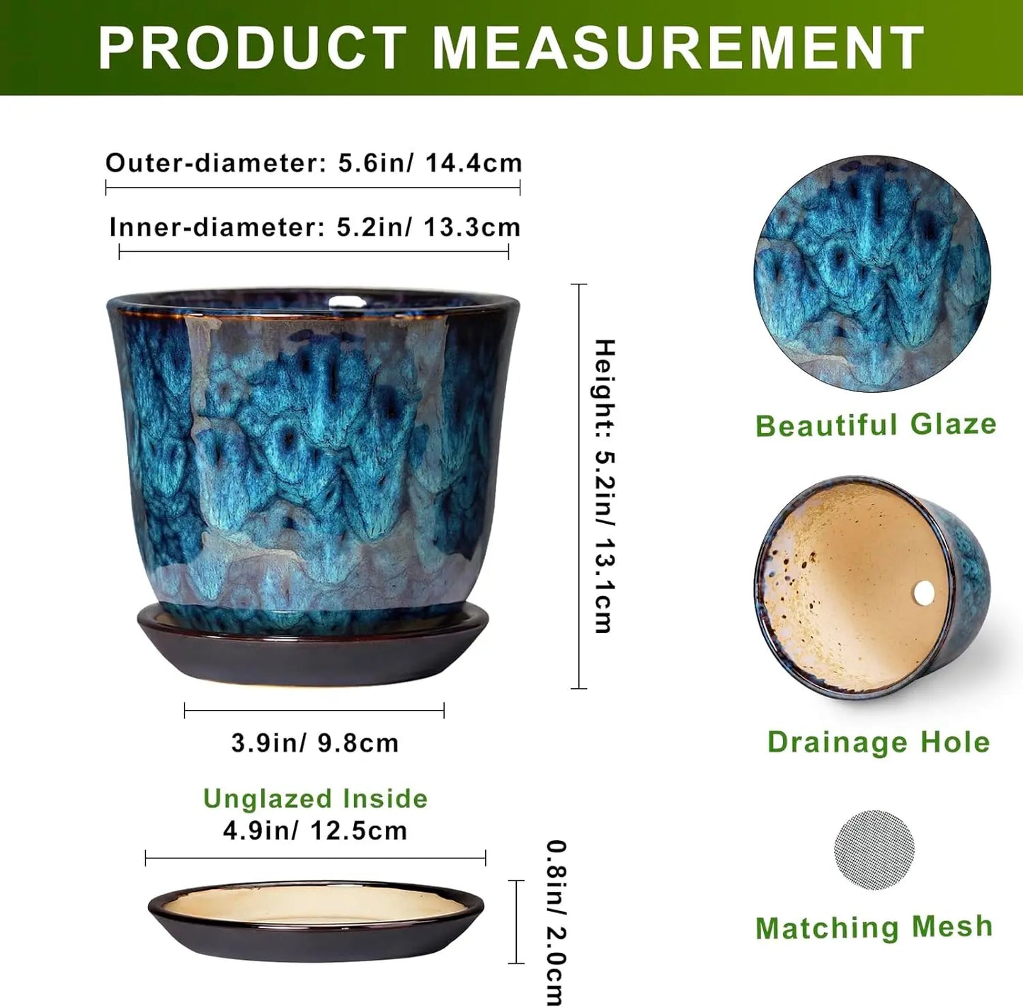 5.6 Inch Ceramic Pot With Drainage Hole And Saucer Blue Planter For Succulents