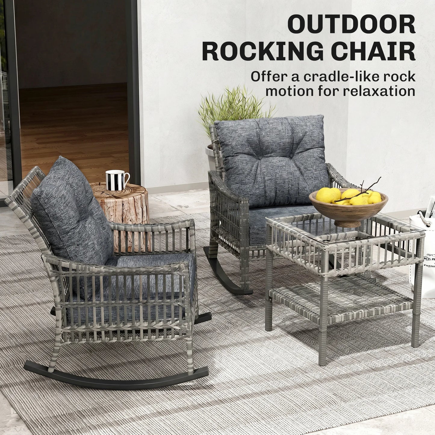 3 Piece Grey PE Rattan Outdoor Rocking Chair Set With Glass Table