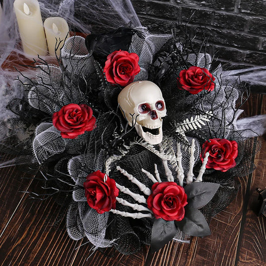 Halloween Wreath Skull Wreath with Red Artificial Roses Halloween Skeleton Wreath for Front Door Halloween Decorations