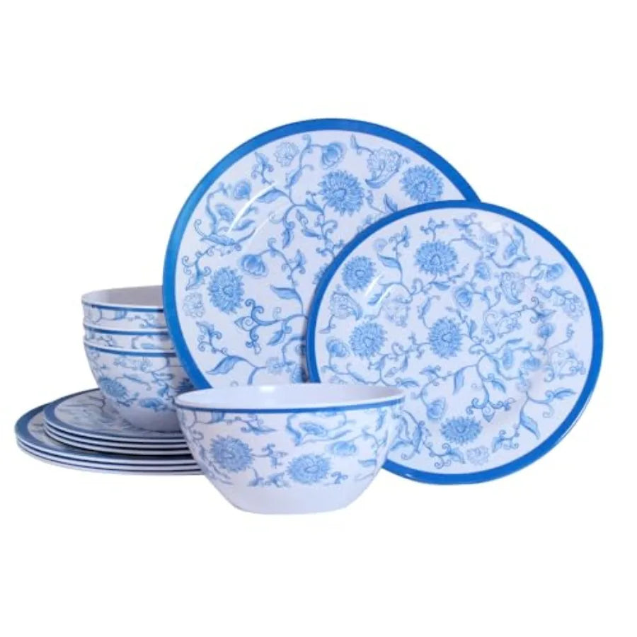 Melamine Dinnerware Set 12 Piece Serves Four Unbreakable Plates and Bowls