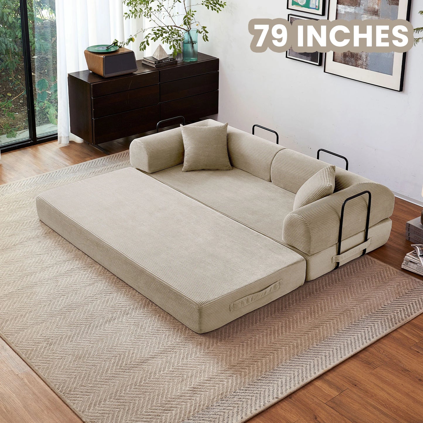79 Inch Foldable Convertible Futon Sofa Bed With L Shaped Armrests