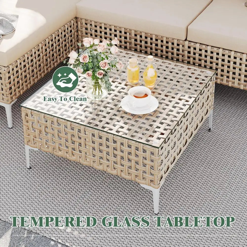 All-Weather Outdoor Furniture Set: 3pc Rattan Sofa with Cushions, Glass Table for Garden & Poolside