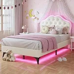 Twin Size Pink Upholstered Bed For Girls With Adjustable Headboard And LED Lights