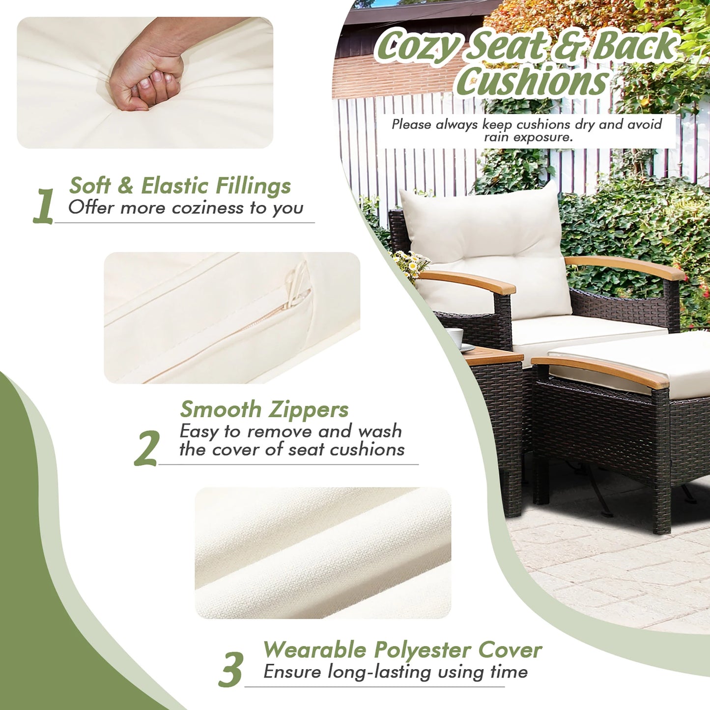 5 Piece Patio Rattan Furniture Set Cushioned Sofa And Ottoman Wood Top Table