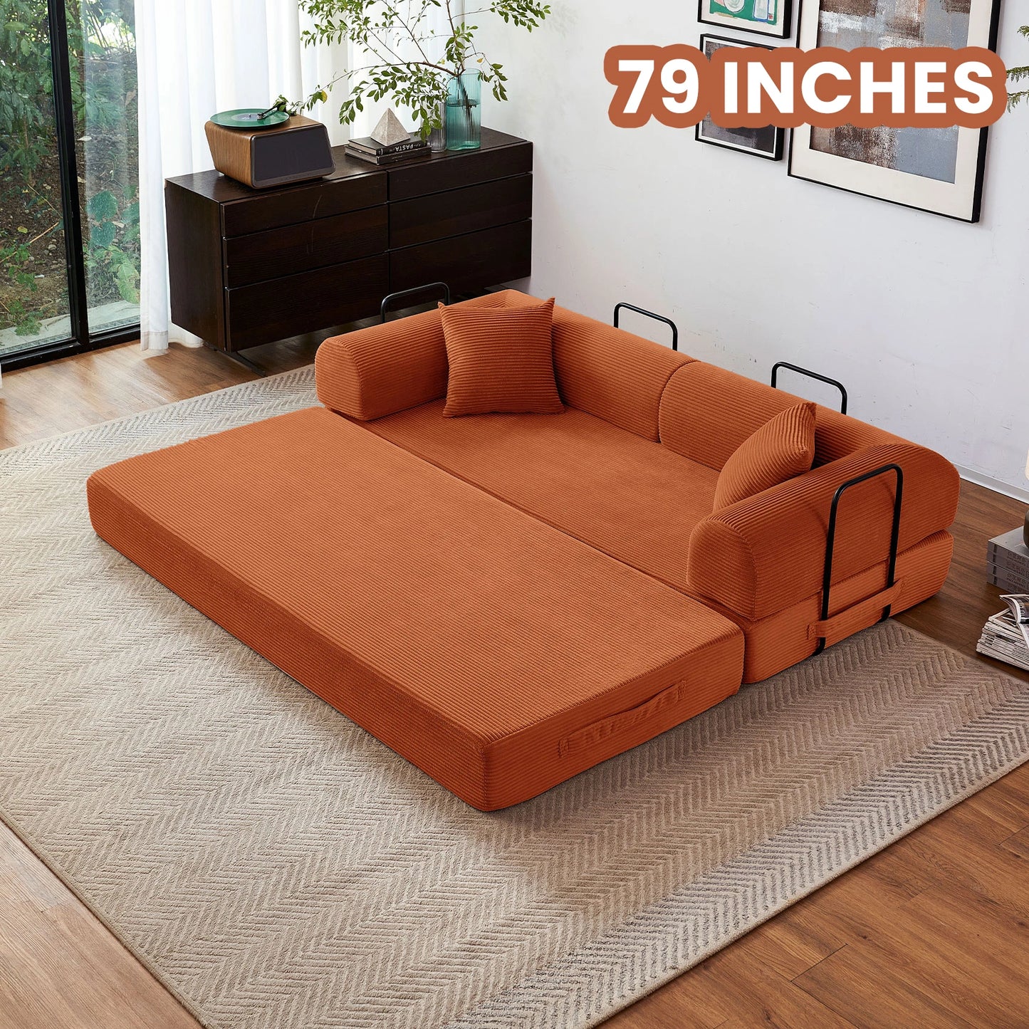79 Inch Foldable Convertible Futon Sofa Bed With L Shaped Armrests