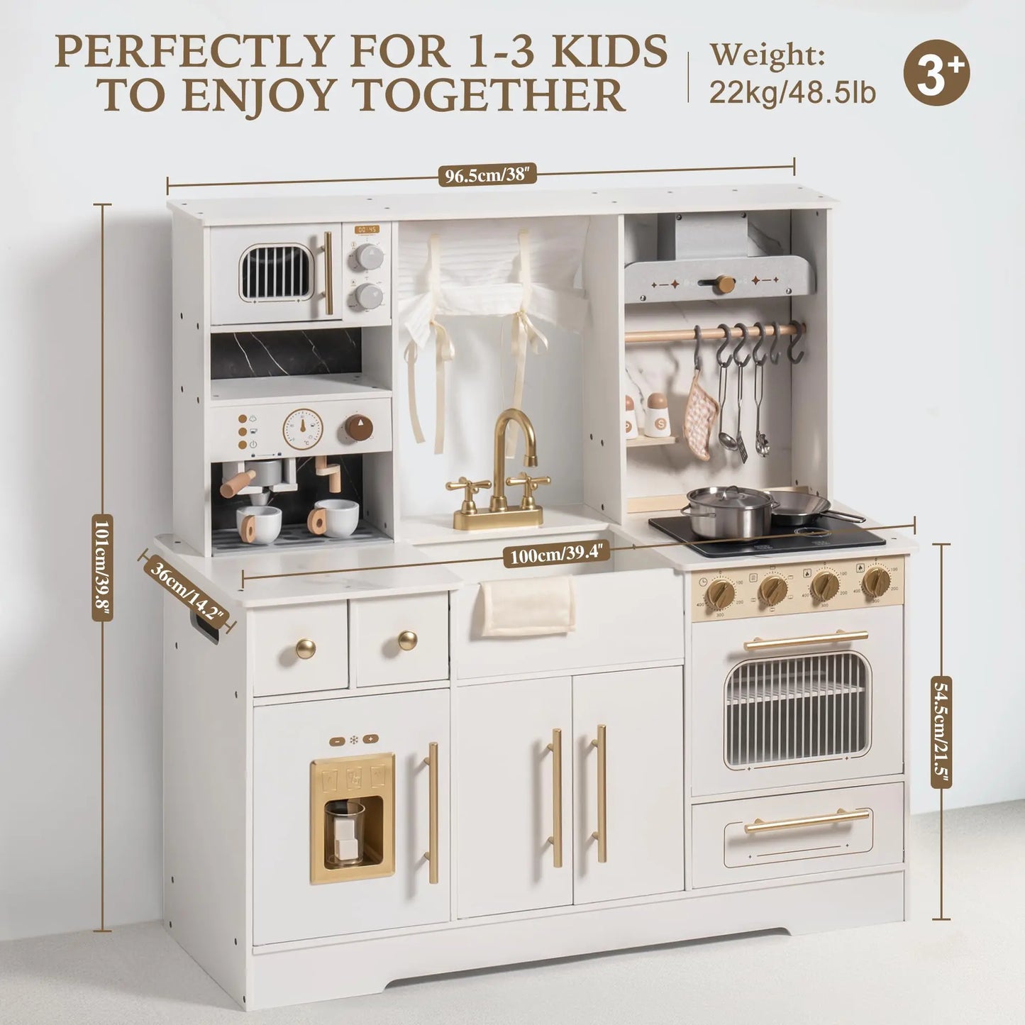 ROBOTIME Wooden Play Kitchen Toy Kitchen Set with Ice Maker and Coffee Machine Realistic Kitchen Set Gift for Toddlers