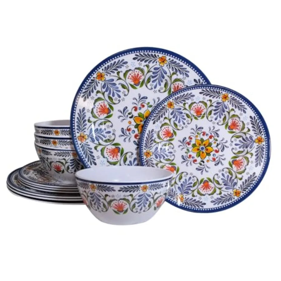 Melamine Dinnerware Set 12 Piece Serves Four Unbreakable Plates and Bowls