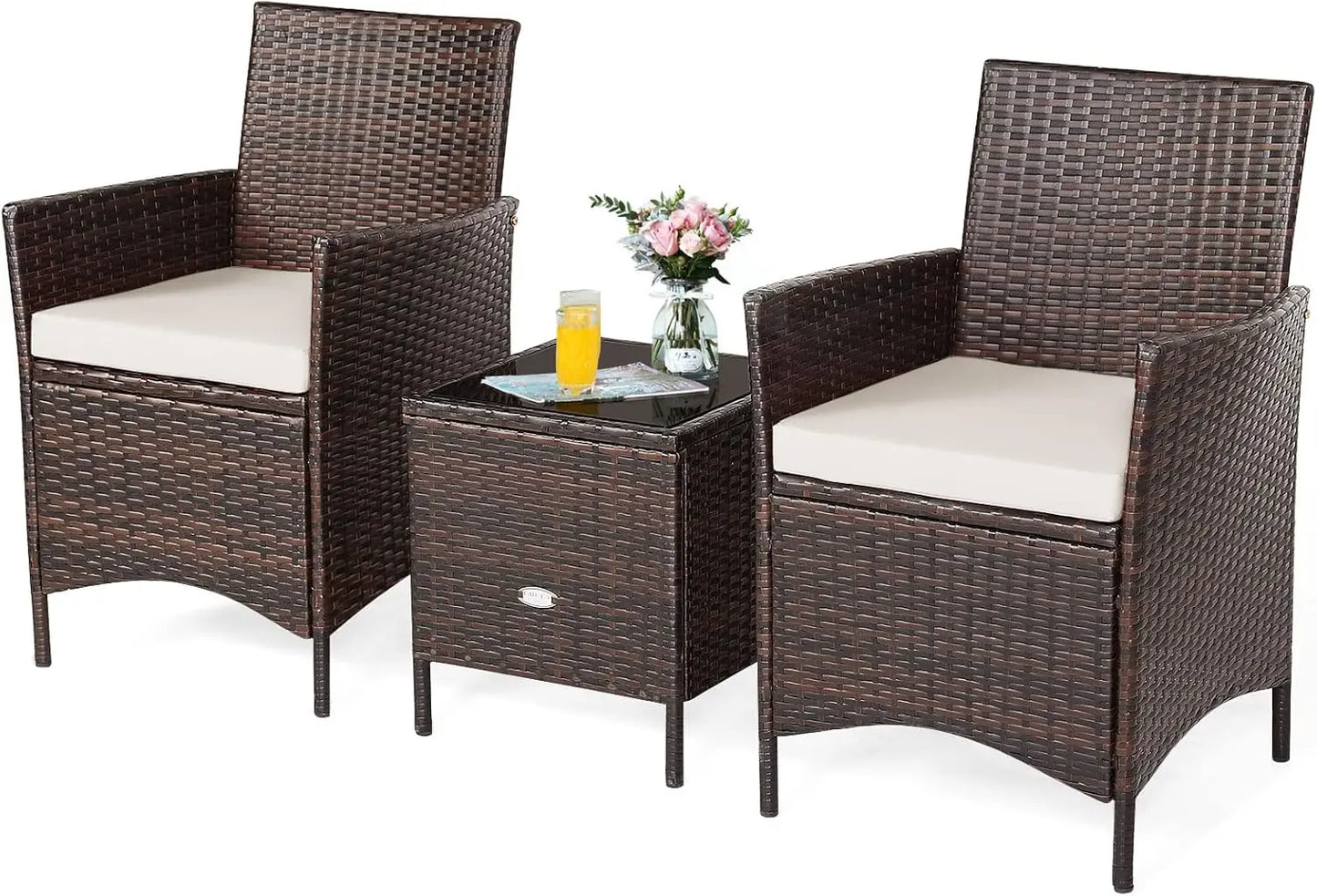 3-Piece Patio Conversation Set, Wicker Chairs with Glass Top Square  Furniture Set for Garden Backyard Balcony Poolside (White)