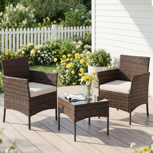 3 Piece Outdoor Patio Furniture Set Rattan Chairs With Cushions And Glass Table