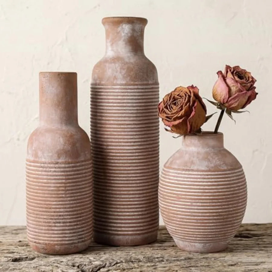 Rustic Farmhouse Ceramic Vase Set Of 3 For Centerpieces Home Decor