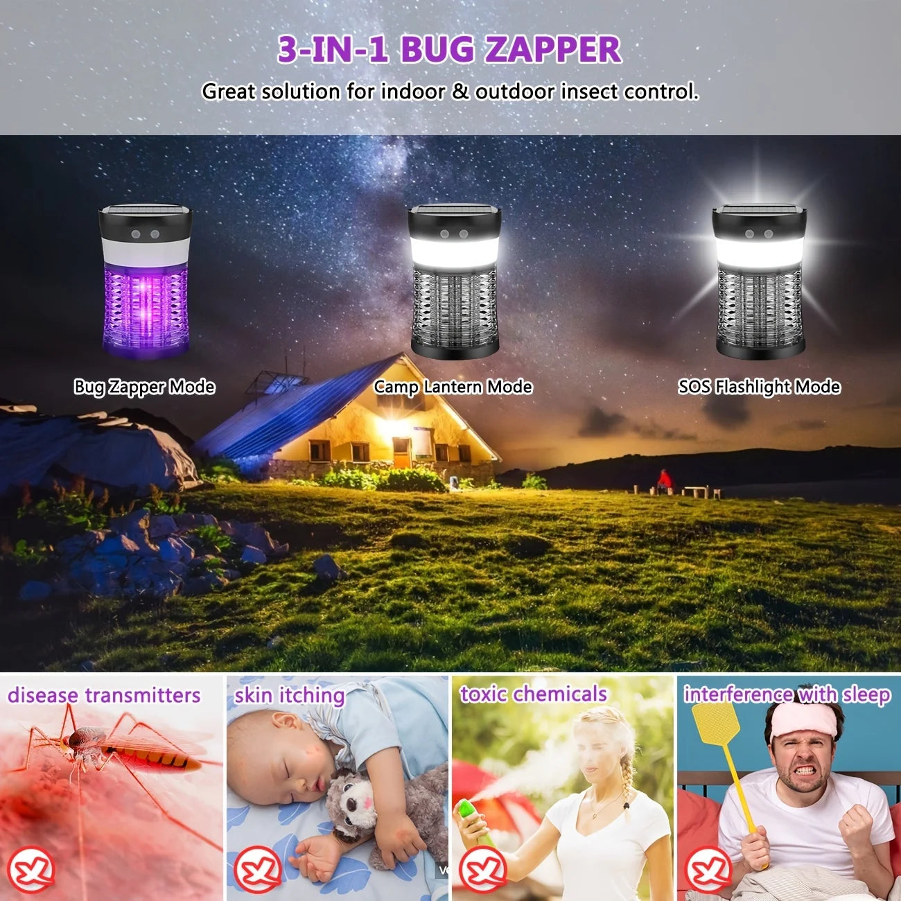 Bug Zapper 3000V Rechargeable Indoor Outdoor Mosquito Killer