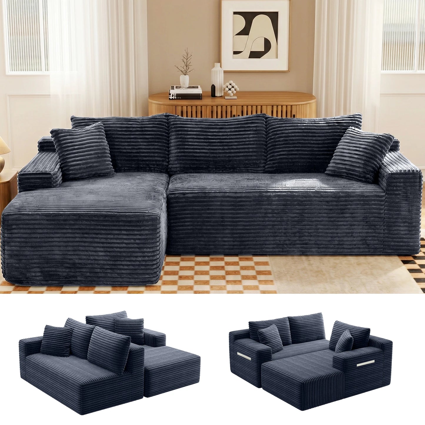 Modern Black Corduroy Modular Sectional Sofa With Deep L Shaped Chaise