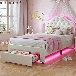 Twin Size Pink Upholstered Bed For Girls With Adjustable Headboard And LED Lights