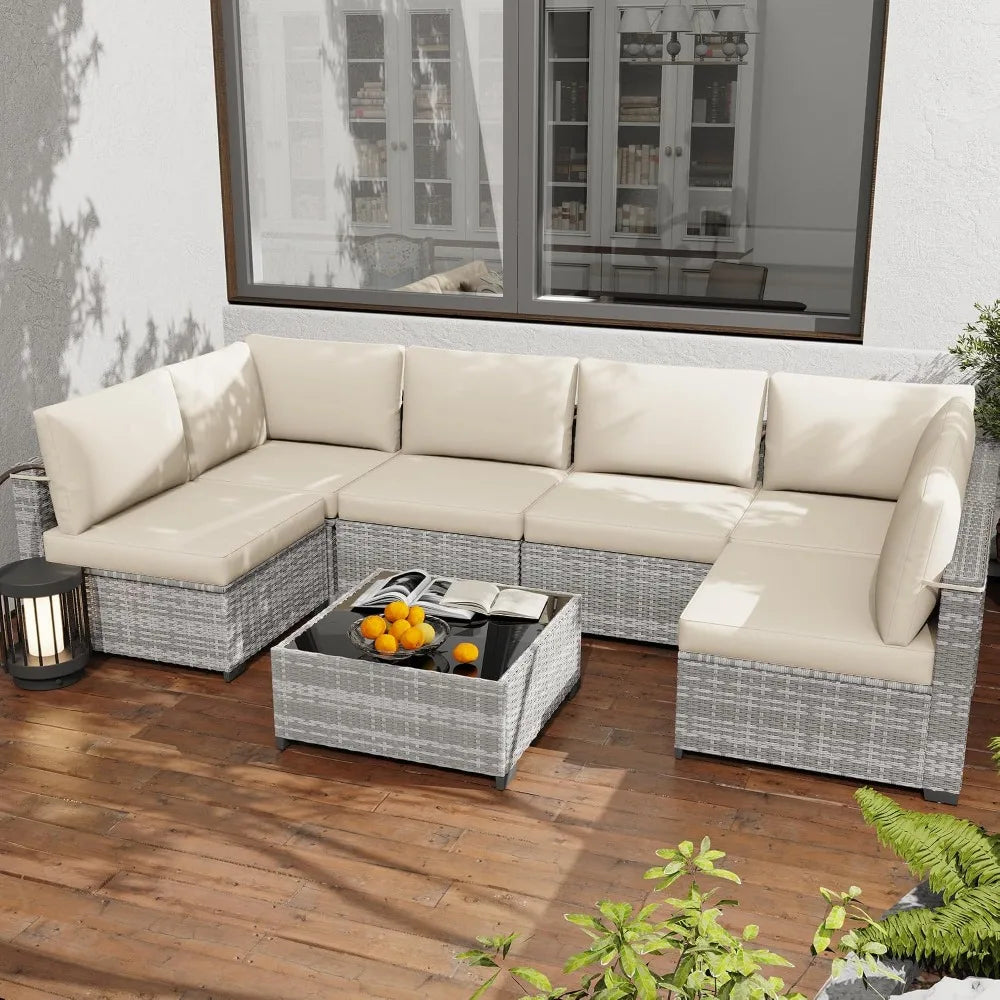7 Pack All Weather PE Rattan Modular Sectional Conversation Patio Set, Custom