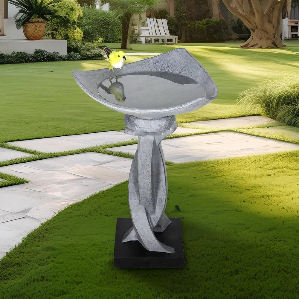 Modern Concrete Bird Bath Decorative Fountain Outdoor Garden Statue Unique Lotus Design Weather Resistant Durable Pedestal 22.8