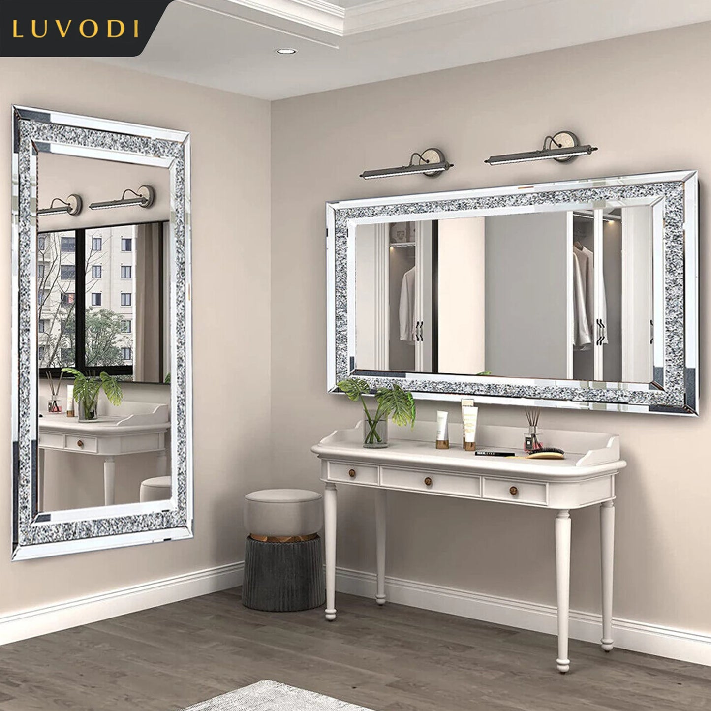LUVODI Large Silver Rhinestone Crystal Vanity Mirror