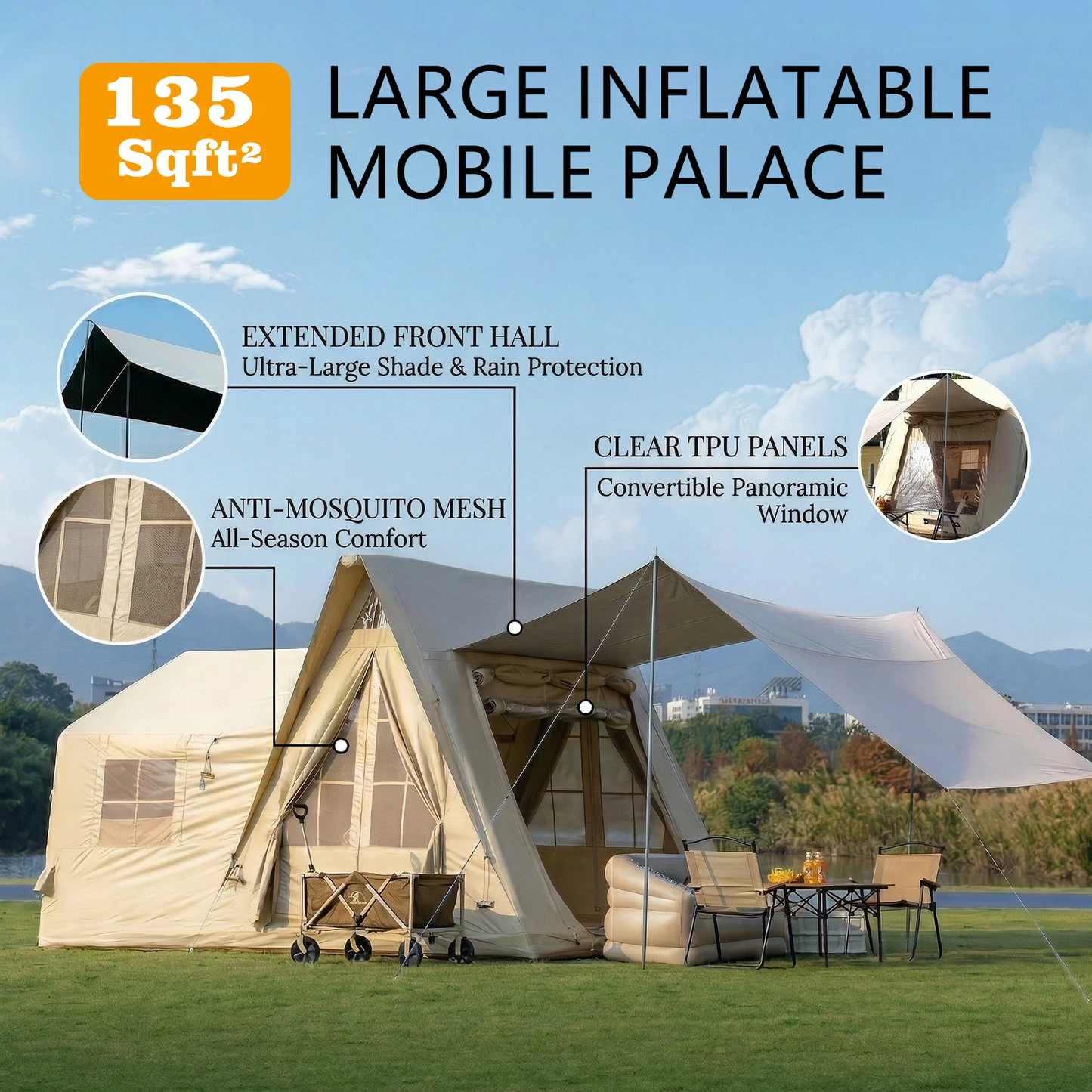 6-8 Person 4 Season Inflatable Camping Tent With Rainfly And Stove Jack