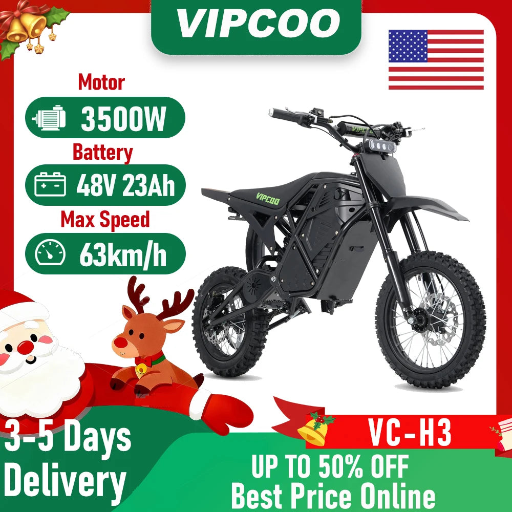 VIPCOO H3 Electric Dirt Bike 3500W 48V 23Ah Fat Tire Nitrogen Suspension