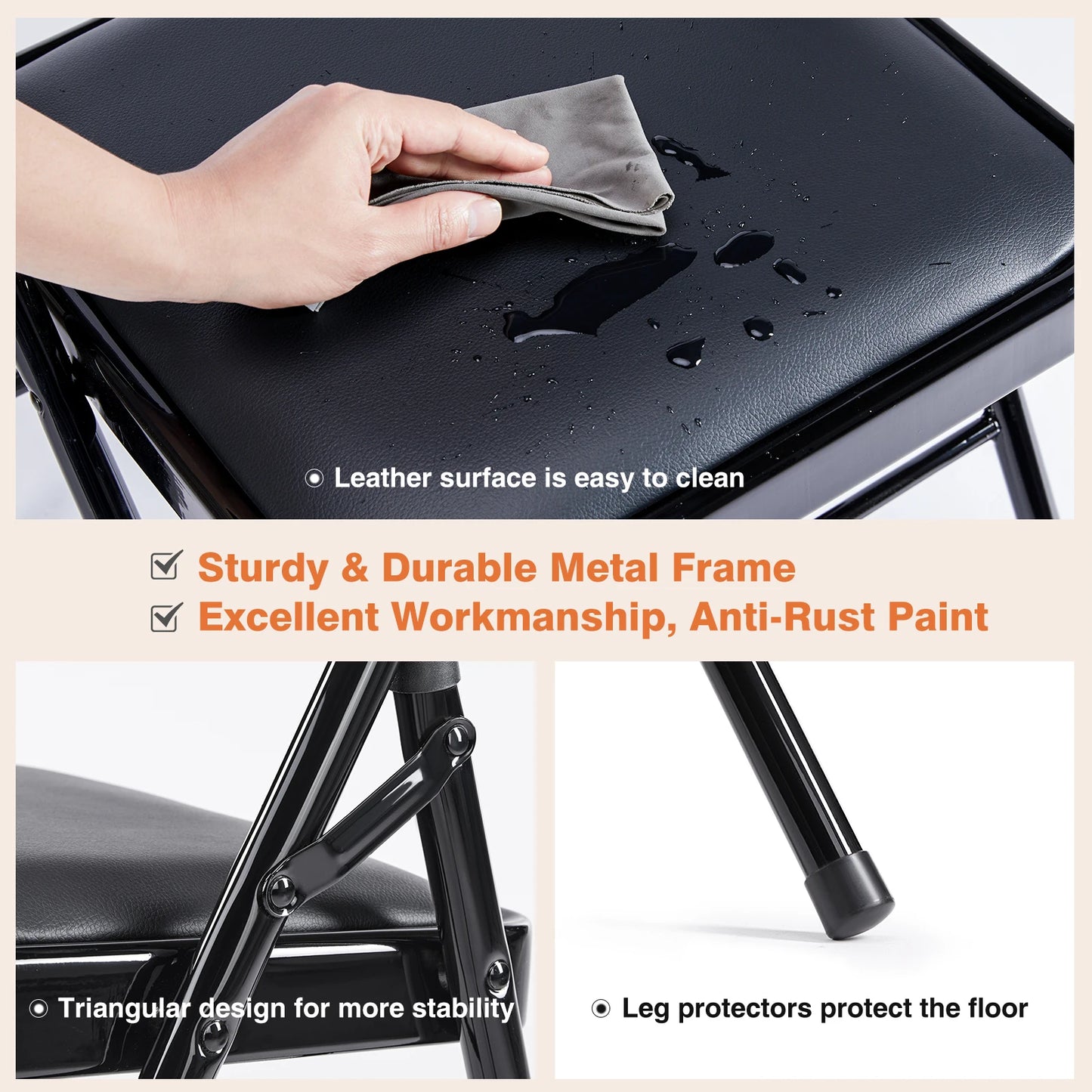 JHK Faux Leather Padded Folding Chairs 4 Pack Sturdy Metal Frame For Home Office