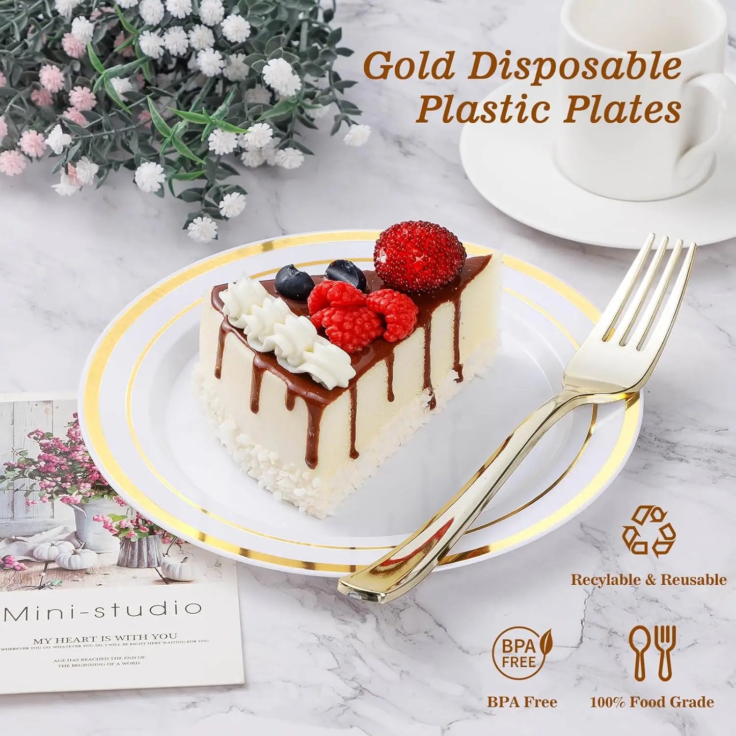 Gold Disposable Party Plates Set 200 Pcs 100 Dinner And 100 Dessert For Weddings