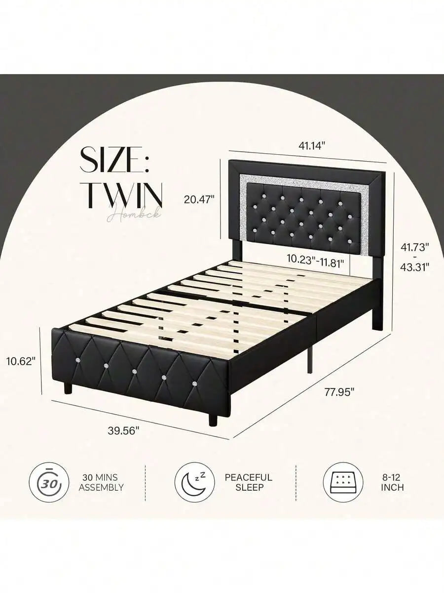 Twin/ Full/ Queen/ King Size Bed Frame, Upholstered Bed Frame With Diamond Headboard And Footboard, Pearl White/ Beige/ Black/ Grey/ Pink/ Purple/ Green