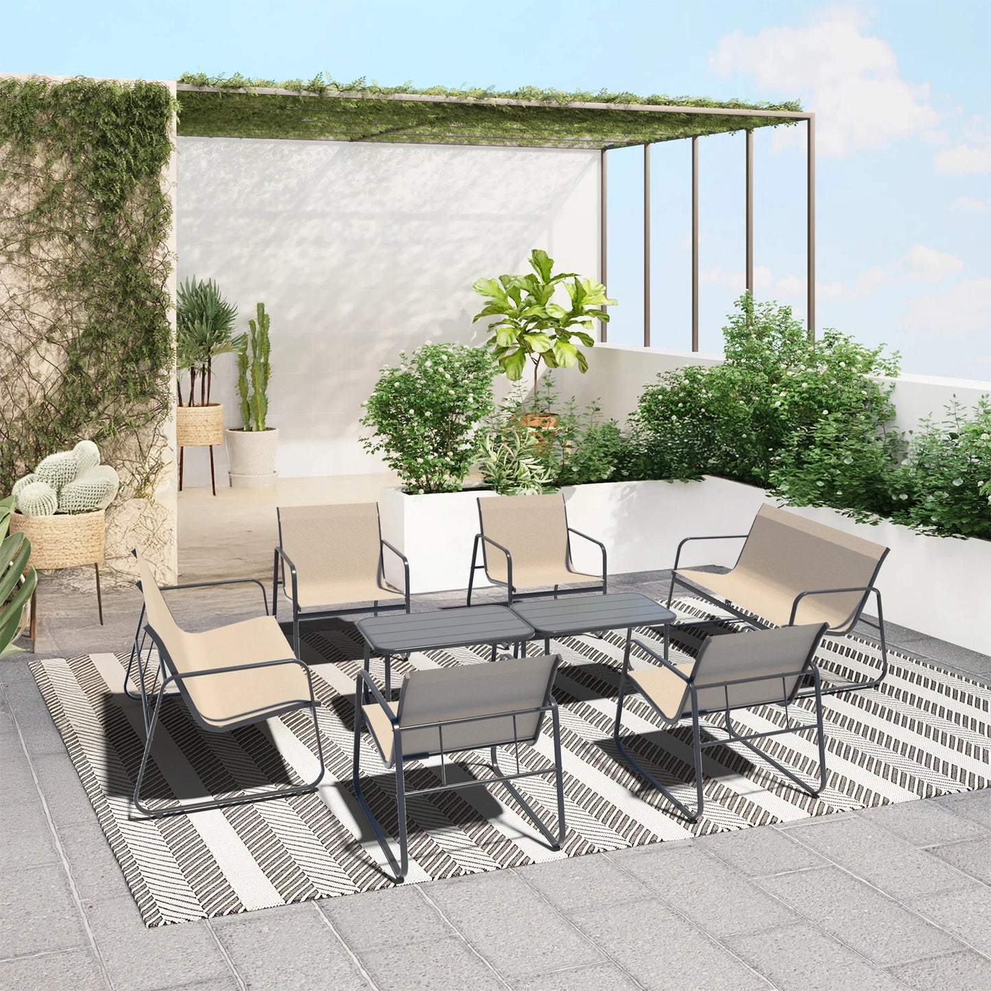 Outdoor Patio Furniture Set 8-Piece, Weather-Resistant Textilene Metal Conversation Set with Loveseat, Chairs & 2 Side Tables, All-Weather Frame for Backyard Porch Deck Garden Poolside