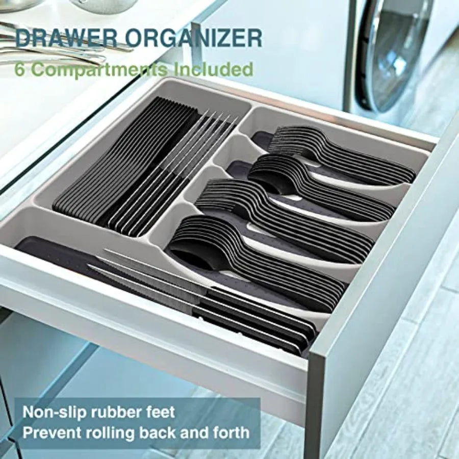 Black 49 Piece Stainless Steel Flatware Set With Drawer Organizer For 8