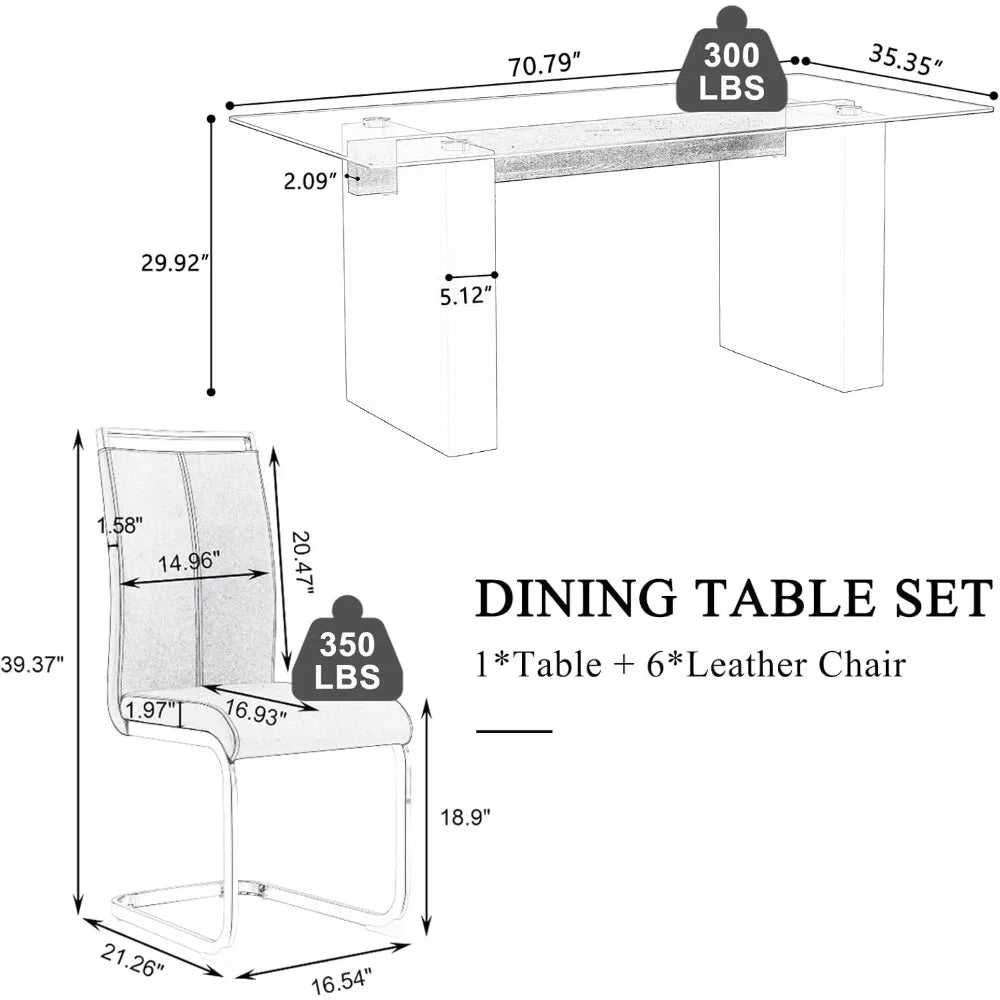 71Inch Glass Dining Table Set For 6 With Tempered Glass