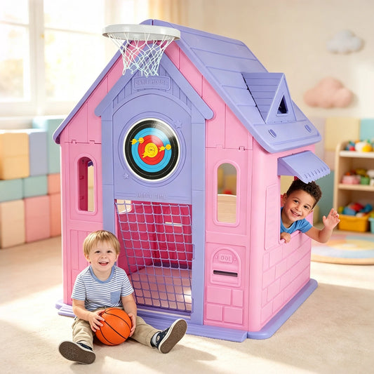 Kids Outdoor Playhouse 5In1 Basketball Soccer Goals Indoor Outdoor Cottage Toy