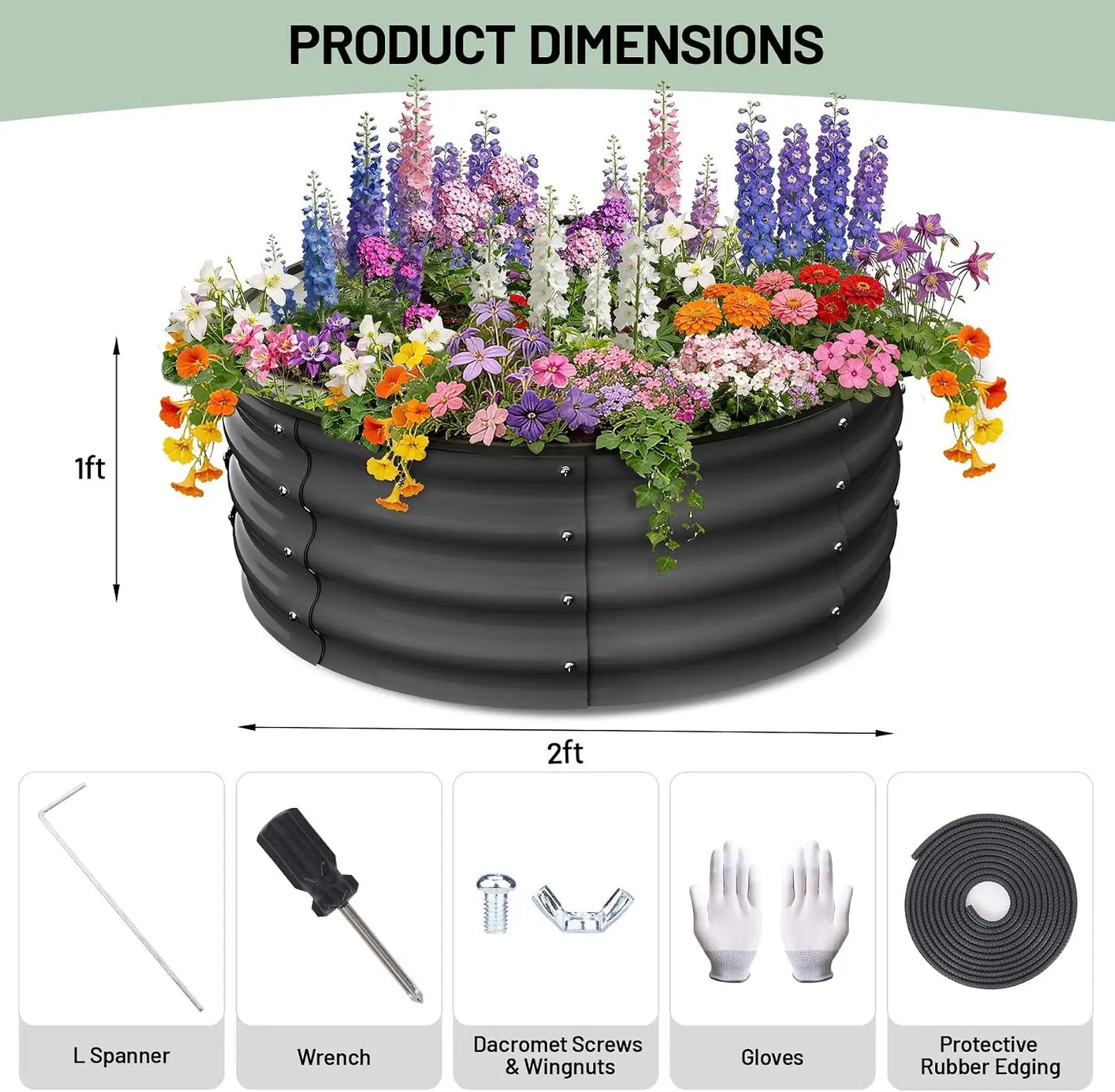 Tacleekii 2Pcs, 2x2x1 FT Round Raised Garden Bed, Galvanized Garden Beds, Metal Planter with Gloves and Rubber Edge Trim, for Vegetables, Flowers and Herbs