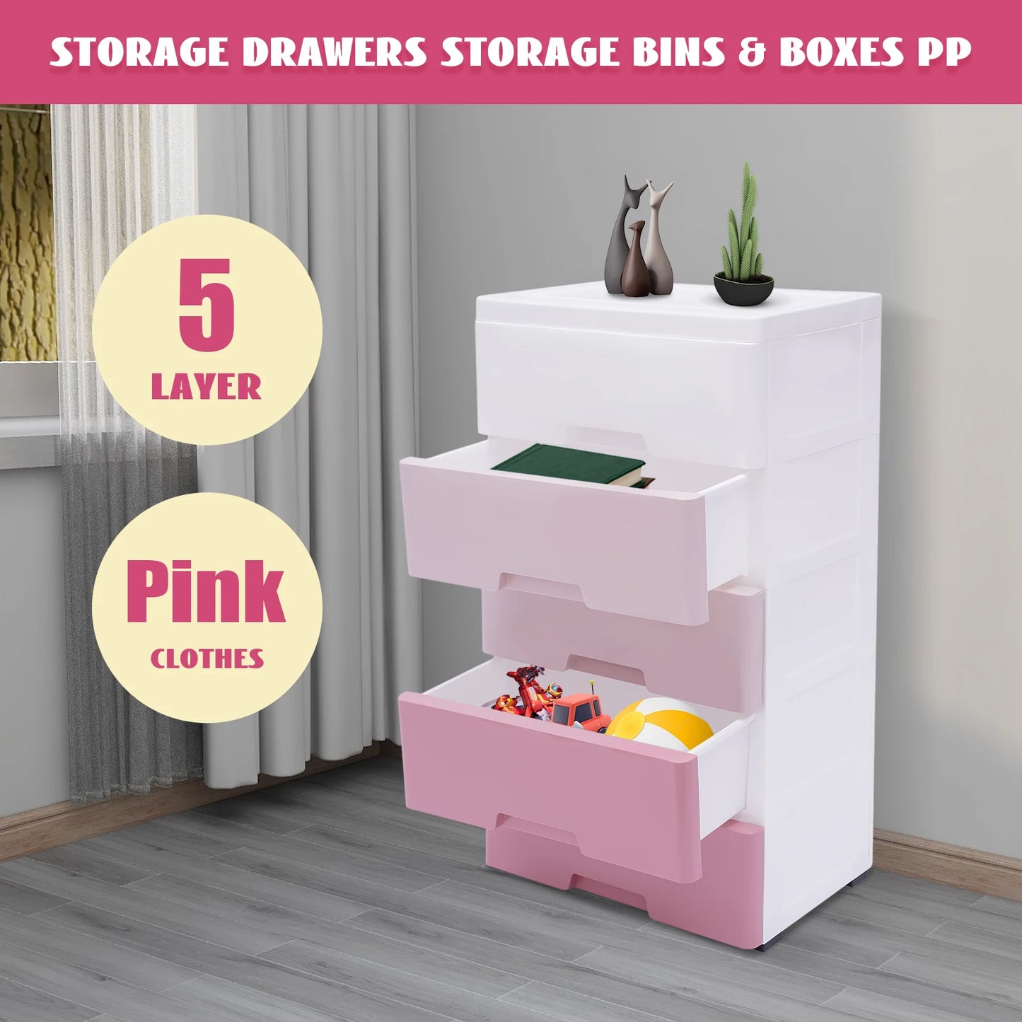 5 Tier Pink Gradient Plastic Storage Cabinet 17.1 Inch Wide
