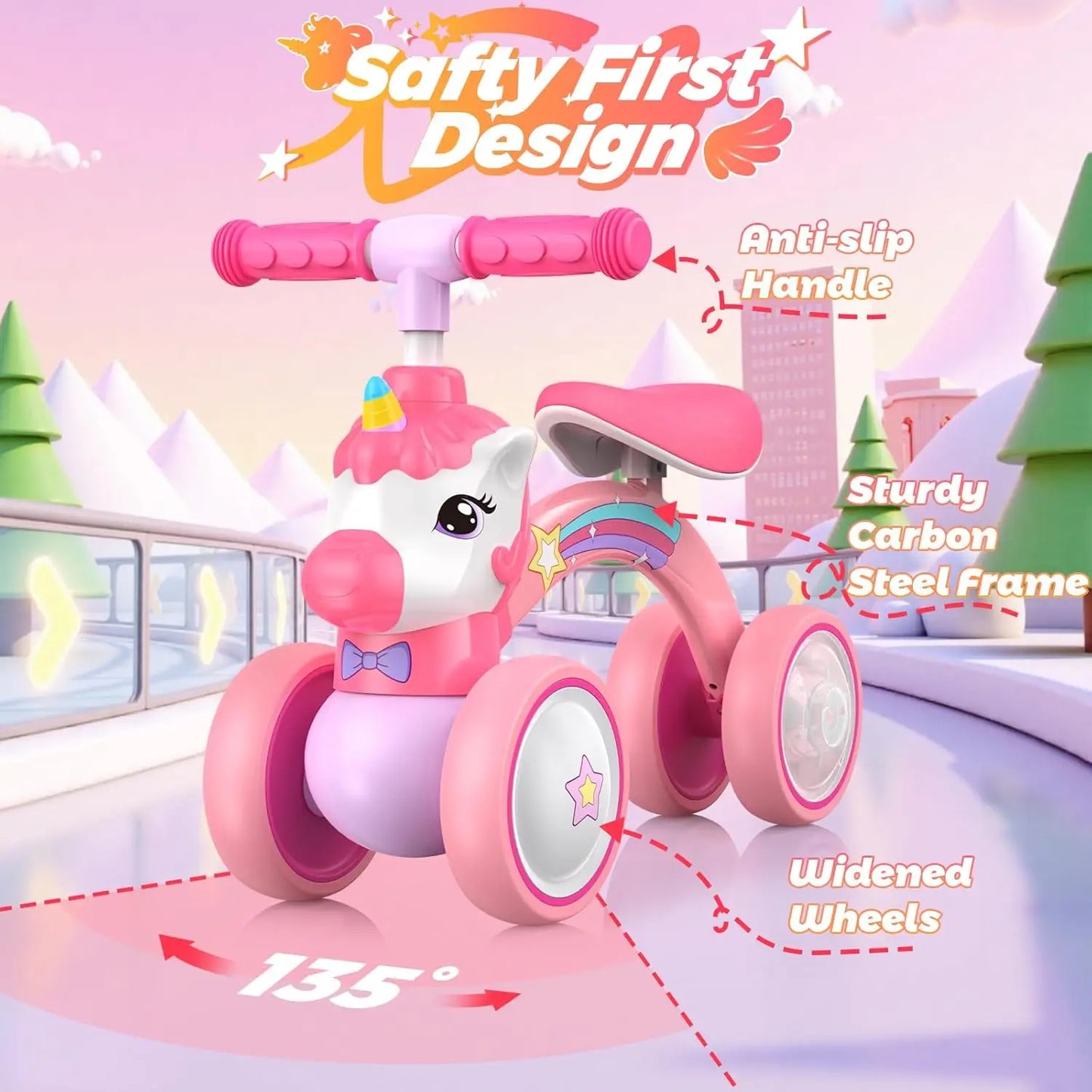 Unicorn Toddler Balance Bike No Pedal With Light Up Wheels For Girls