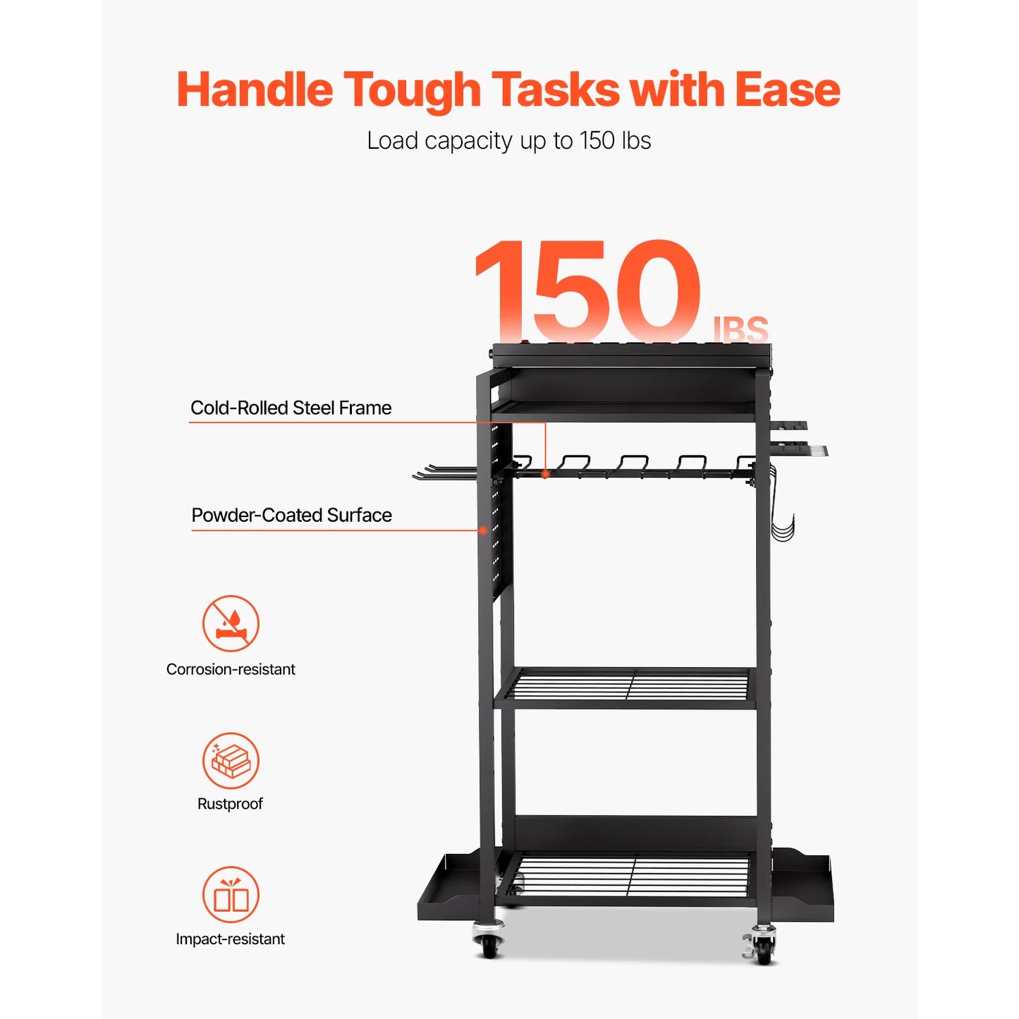 VEVOR 4 Tier Tool Cart With Charging Station Floor Stand And 8 Outlet Strip