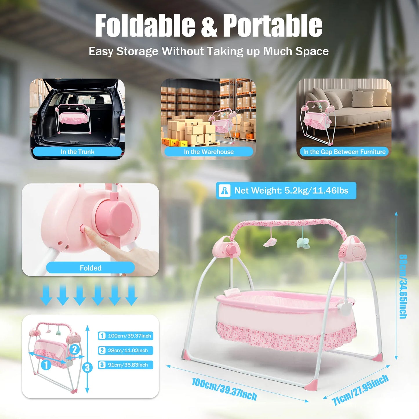 Electric Baby Crib Cradle 0 To 18 Months Foldable Swing Pink Portable