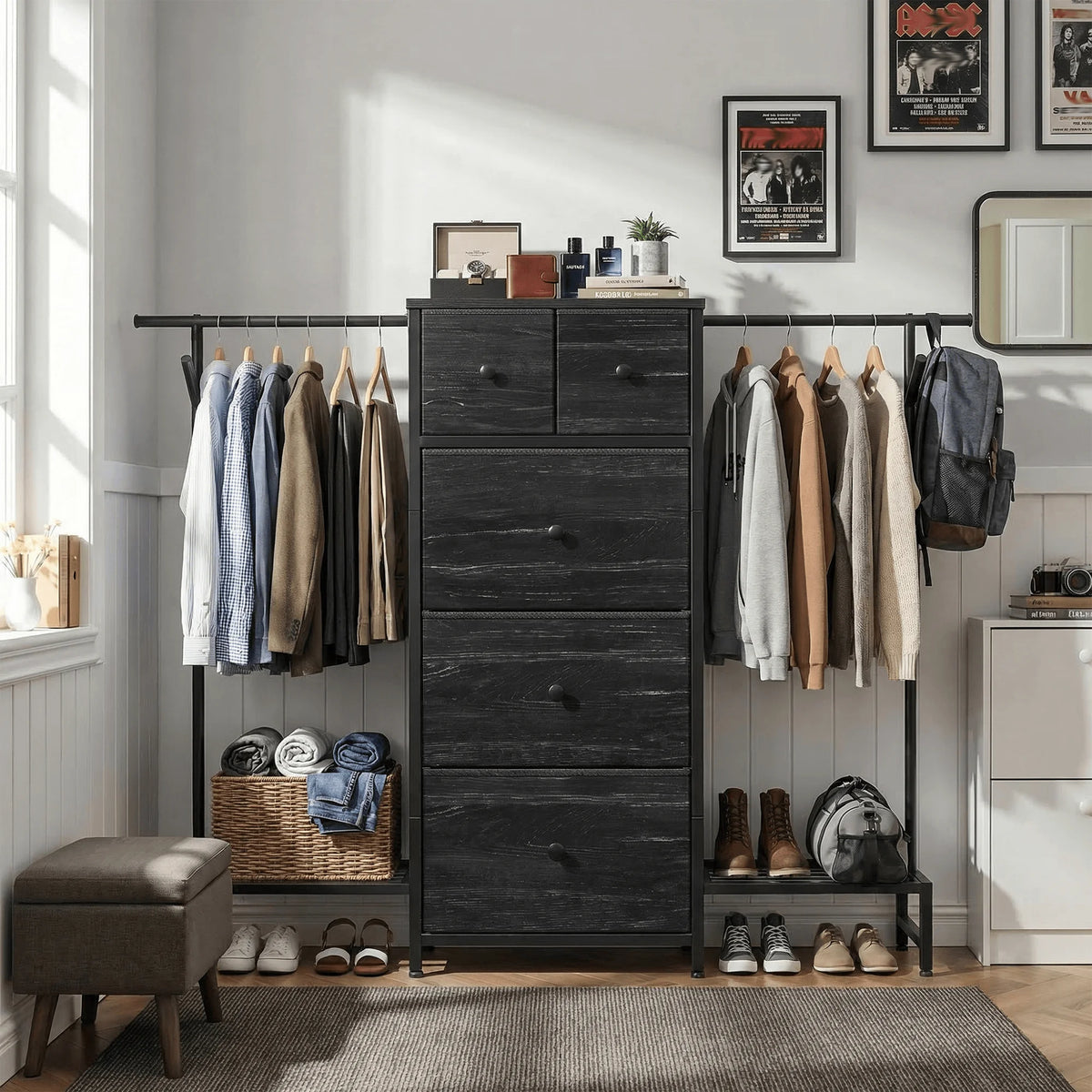5 Drawer Dresser With Hanging Rod And Shoe Rack Bedroom Closet Organizer