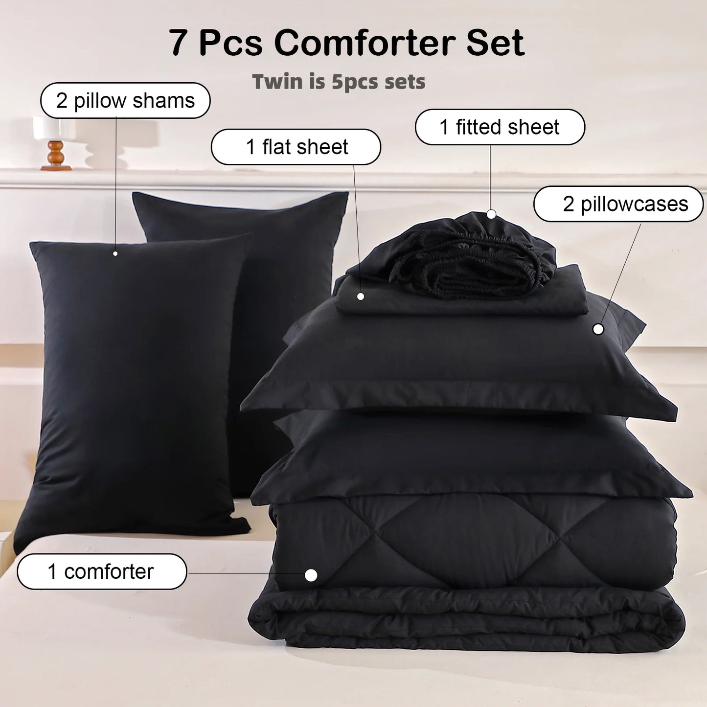 7 Pcs Twin Full Queen King Bedding Set Polyester Comforter Sheets Pillowcases