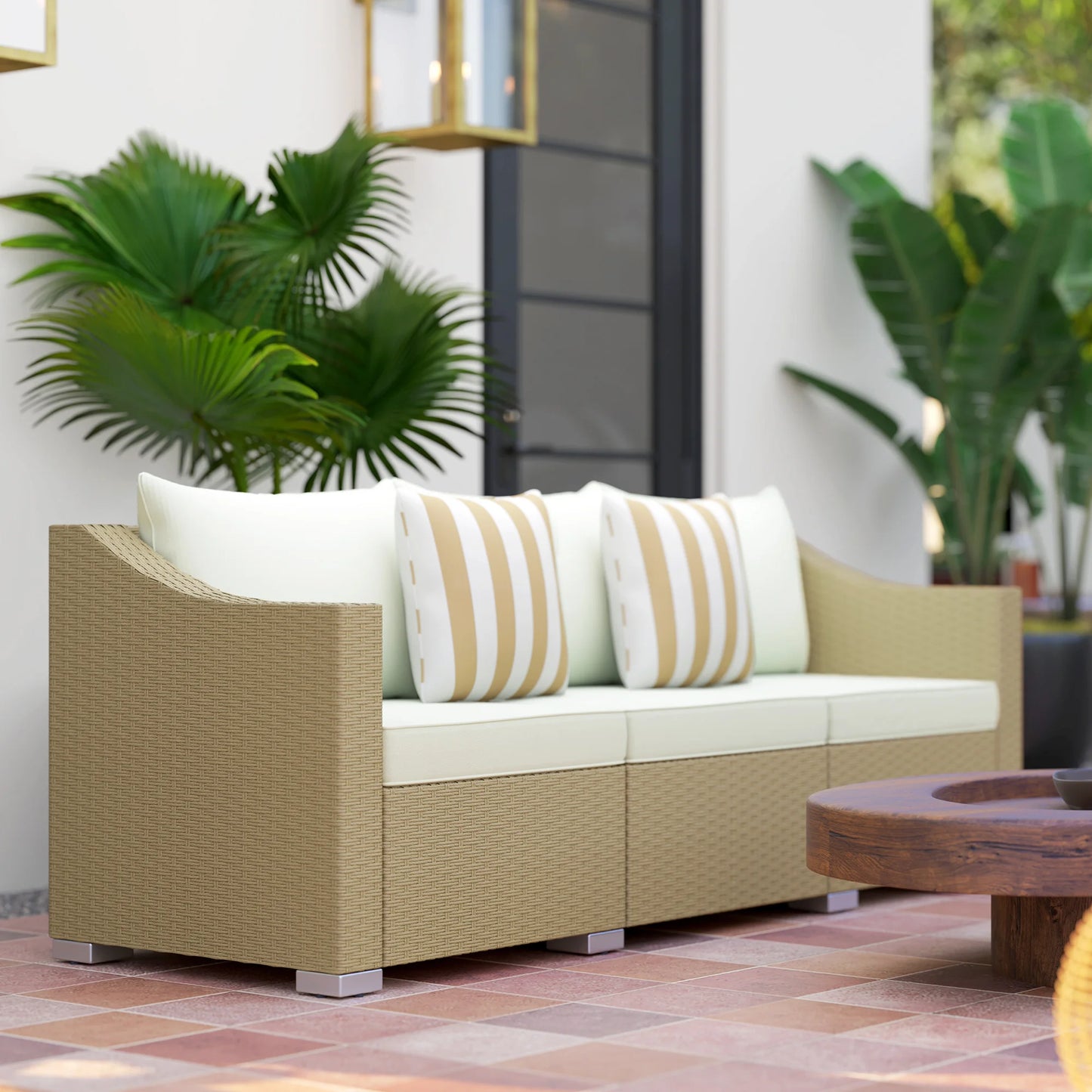Outsunny 3 Seater Outdoor Rattan Sofa With Cushions Cream White Patio Couch