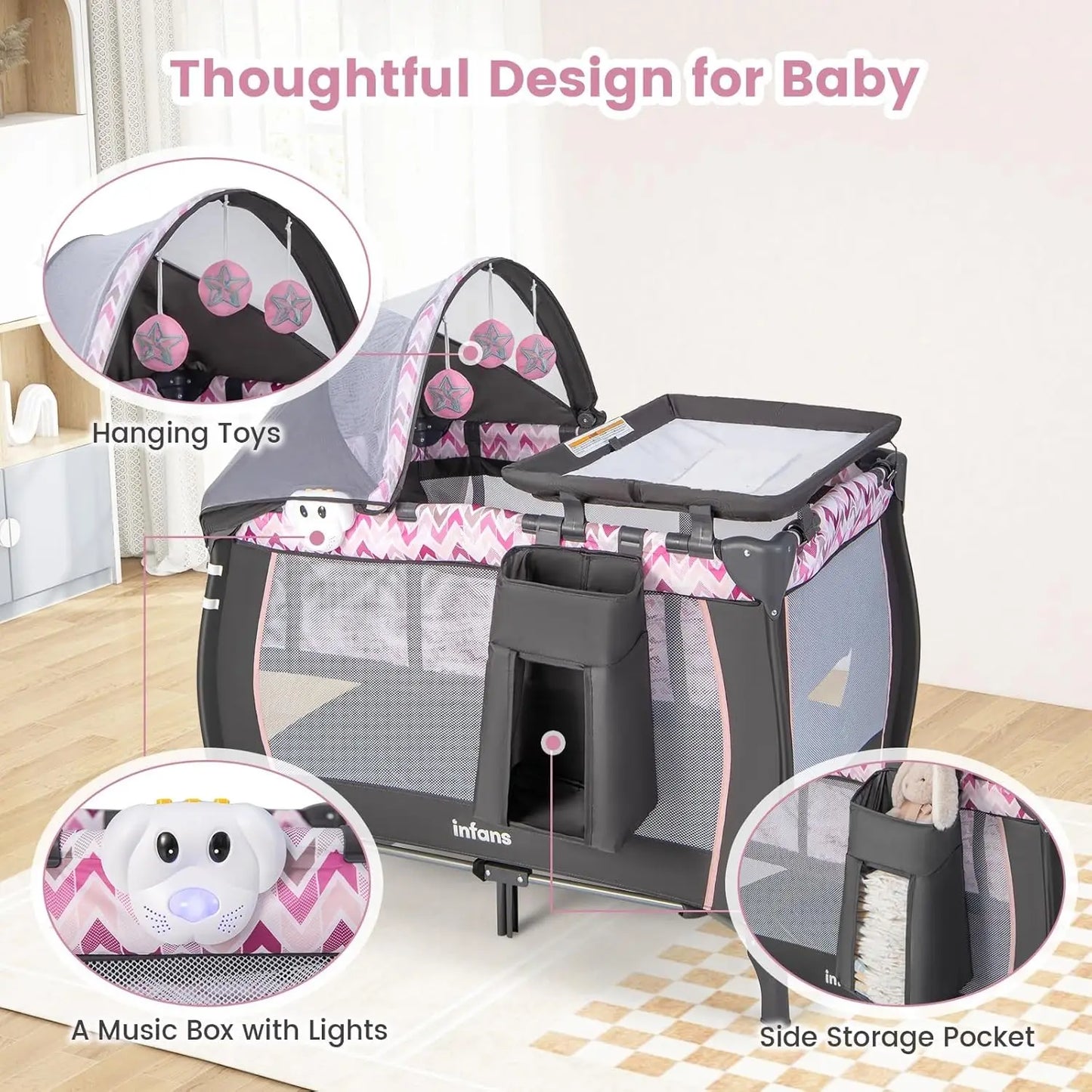 4 In 1 Portable Baby Playard With Bassinet Changing Table Canopy And Toys Pink