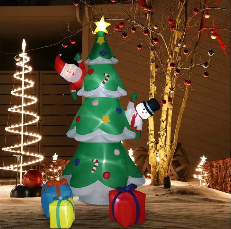 2.4M 8FT Christmas Inflatable Wall-Climbing Elderly Figure Seated Gift Hat Christmas Tree Decoration Outdoor Garden Ornament