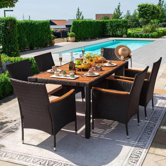 7-piece Furniture Set, Terrace Reception Set, with Lovewood Tabletop, Rattan Outdoor, Black