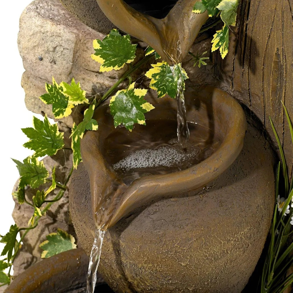 Large Rustic Tiered Stone-Look Floor Fountain with Cascading Waterfall for Indoor or Outdoor Decor