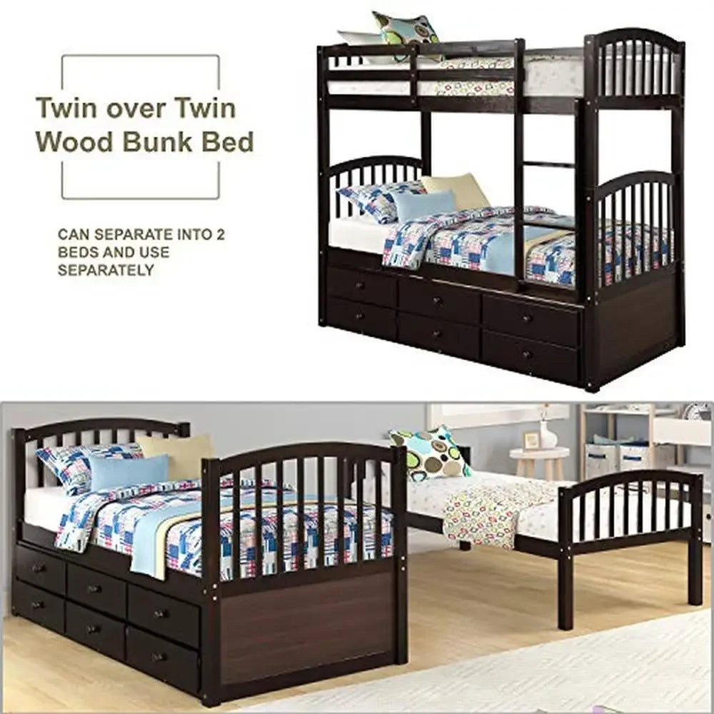 Twin Trundle Bunk Bed with 3 Drawers Kids Bedroom Guest Room Sturdy Easy Assembly Safe Rails Separate Beds Storage- 79.5"L x